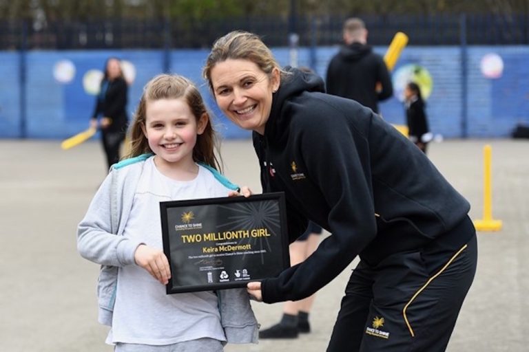 Two Millionth girl Keira and Chance to Shine Trustee Charlotte Edwards[1] copy
